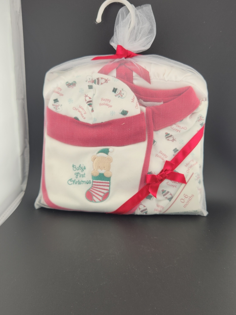 Christmas Holiday Baby Pajama Set with Red Trim - Baby's First Christmas 0-6 M